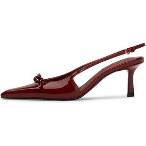 🆕Women’s Burgundy Slingback Heels Bow Pointed Toe Kitten Heel Stiletto Sandals